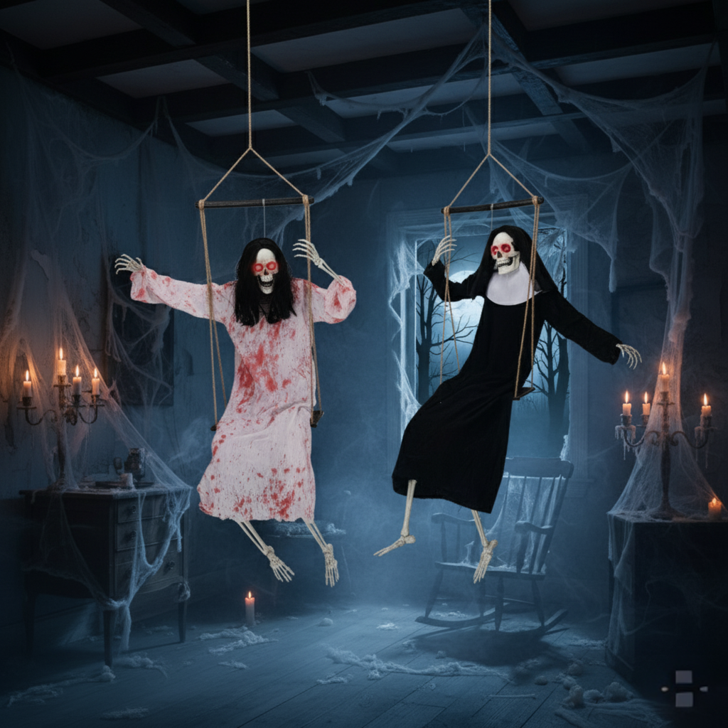 2-Pack Outdoor Halloween Hanging Ghost Decorations | 3ft Scary Grim Reaper Swinging Ghosts with Light-Up Eyes & Horror Sound for Yard, Patio, Lawn, Garden