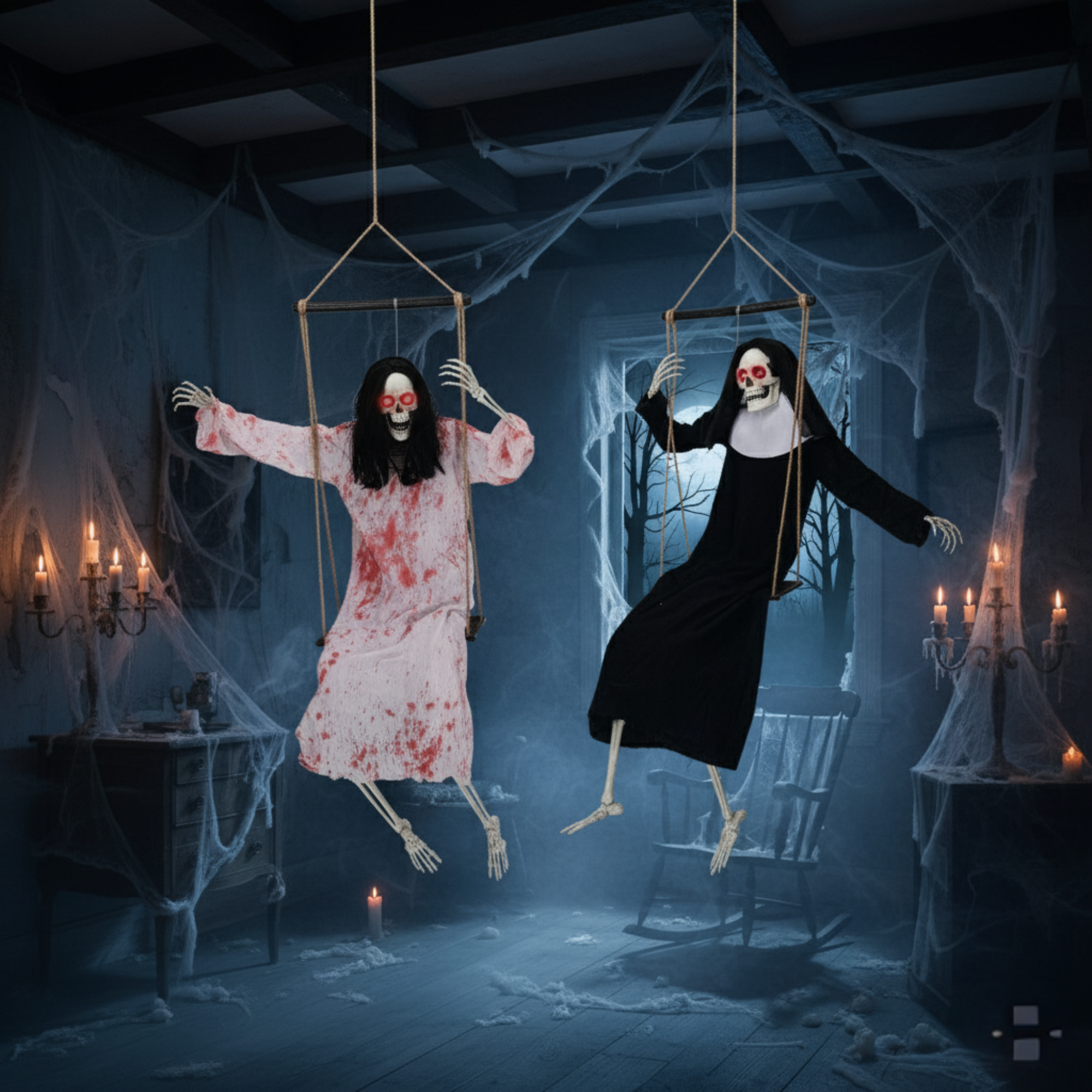 2-Pack Outdoor Halloween Hanging Ghost Decorations | 3ft Scary Grim Reaper Swinging Ghosts with Light-Up Eyes & Horror Sound for Yard, Patio, Lawn, Garden