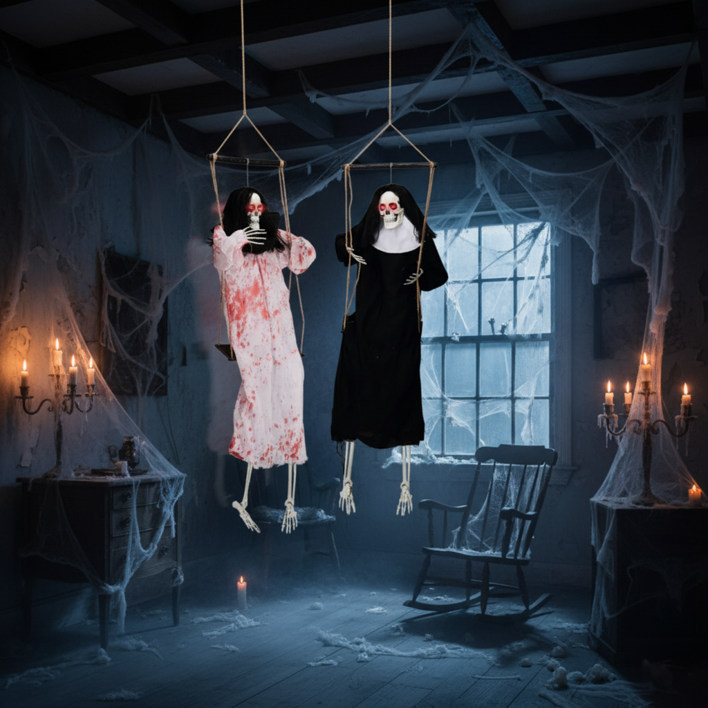 2-Pack Outdoor Halloween Hanging Ghost Decorations | 3ft Scary Grim Reaper Swinging Ghosts with Light-Up Eyes & Horror Sound for Yard, Patio, Lawn, Garden