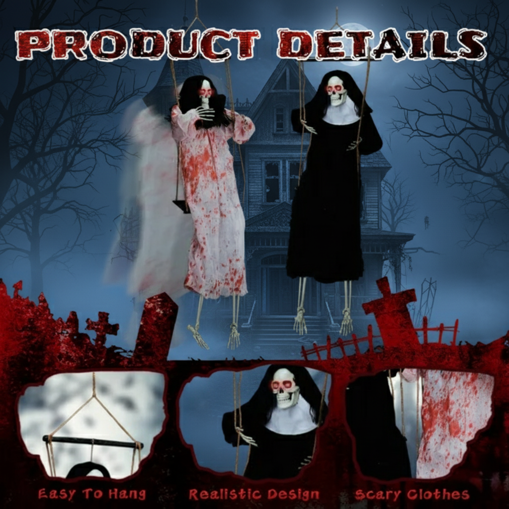 2-Pack Outdoor Halloween Hanging Ghost Decorations | 3ft Scary Grim Reaper Swinging Ghosts with Light-Up Eyes & Horror Sound for Yard, Patio, Lawn, Garden