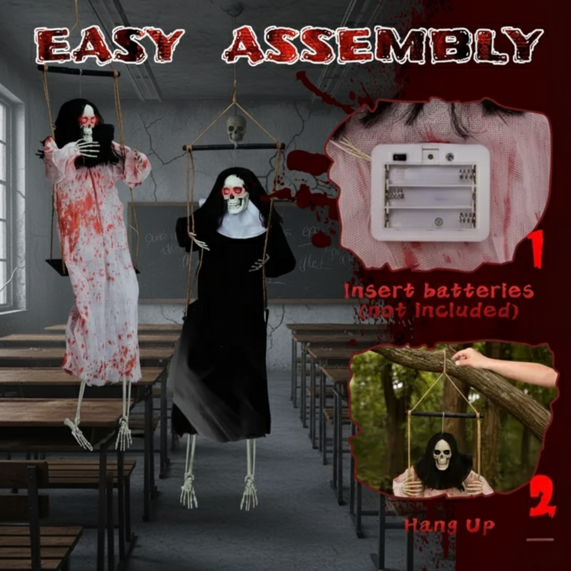 2-Pack Outdoor Halloween Hanging Ghost Decorations | 3ft Scary Grim Reaper Swinging Ghosts with Light-Up Eyes & Horror Sound for Yard, Patio, Lawn, Garden