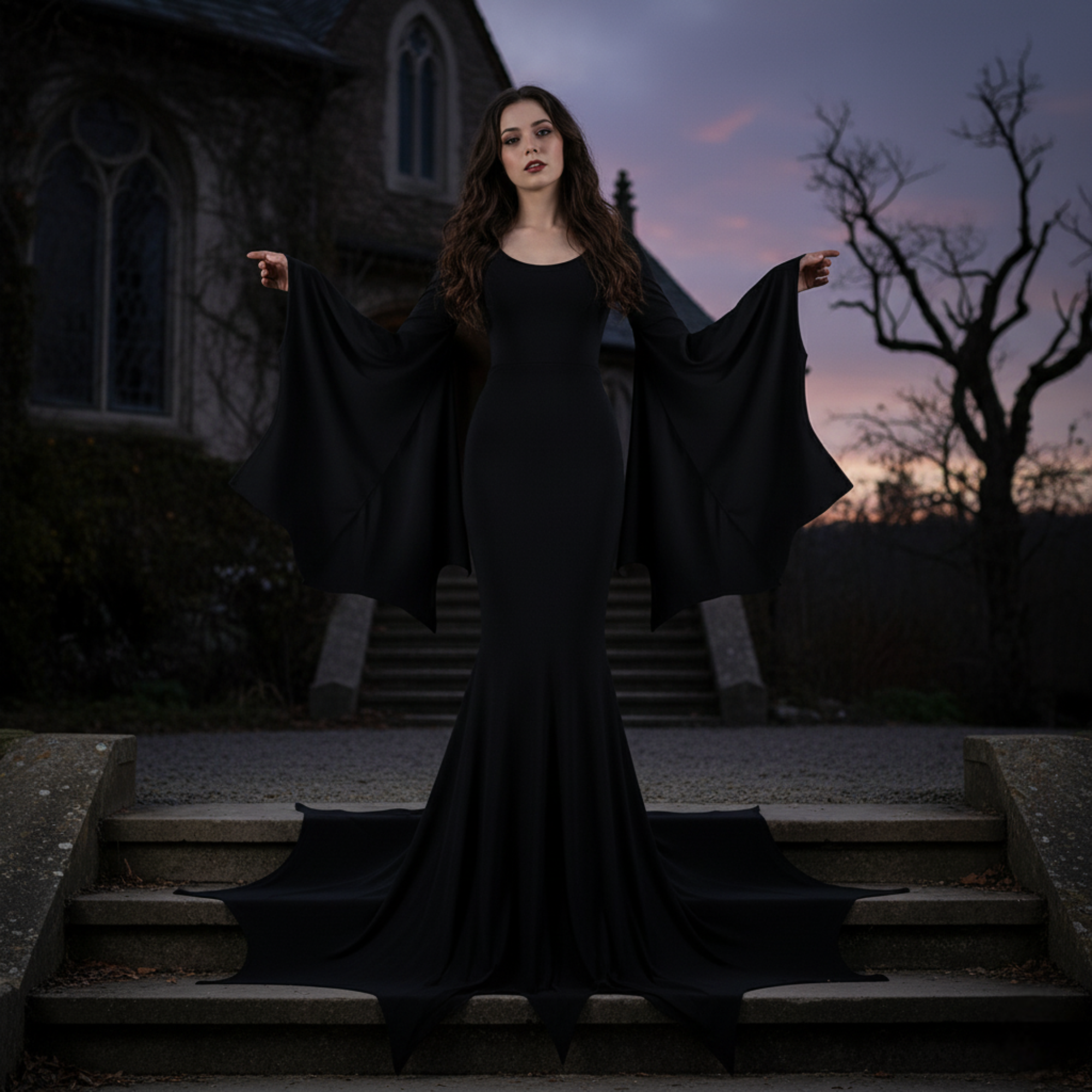 Black Gothic Witch Dress for Women | Bat Sleeve Halloween Cosplay Costume | Vintage Party Outfit