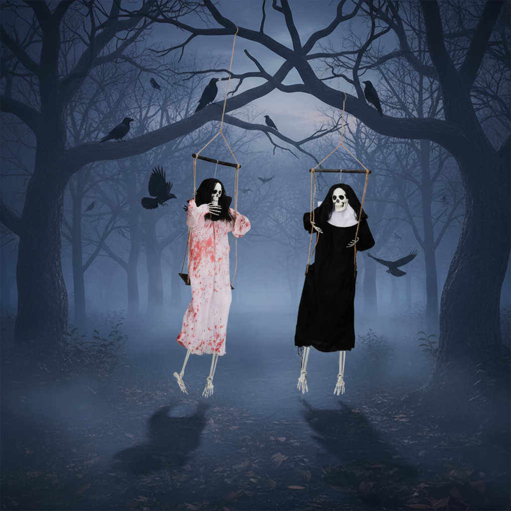 2-Pack Outdoor Halloween Hanging Ghost Decorations | 3ft Scary Grim Reaper Swinging Ghosts with Light-Up Eyes & Horror Sound for Yard, Patio, Lawn, Garden